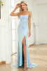 Load image into Gallery viewer, Mermaid Gliter Spaghetti Straps Blue Long Prom Dress with Slit