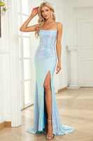 Load image into Gallery viewer, Mermaid Gliter Spaghetti Straps Blue Long Prom Dress with Slit
