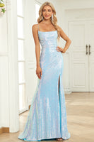 Load image into Gallery viewer, Mermaid Gliter Spaghetti Straps Blue Long Prom Dress with Slit