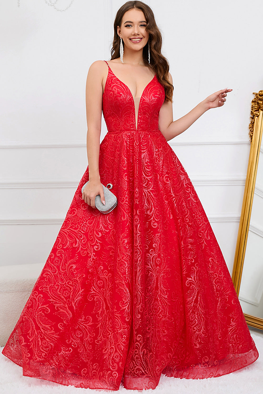Deep V-Neck Backless Red Ball Gown Dress