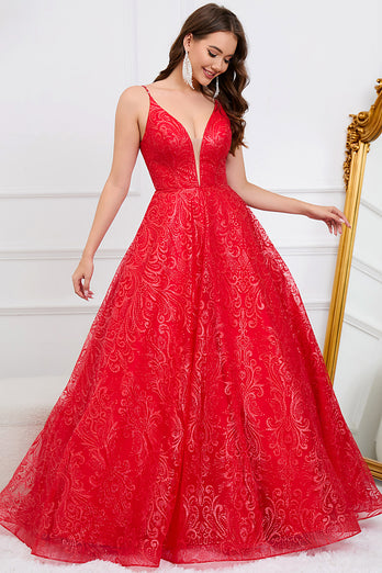 Deep V-Neck Backless Red Ball Gown Dress