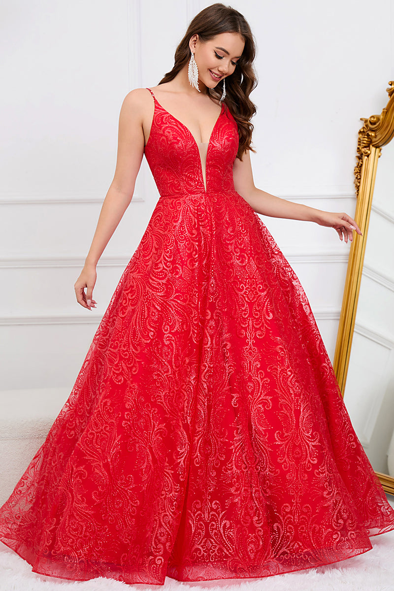 Load image into Gallery viewer, Deep V-Neck Backless Red Ball Gown Dress