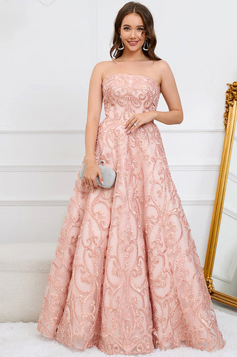 Strapless Lace-Up Back Blush Ball Gown Dress