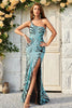 Load image into Gallery viewer, One Shoulder Sparkly Green Sequins Long Prom Dress with Slit