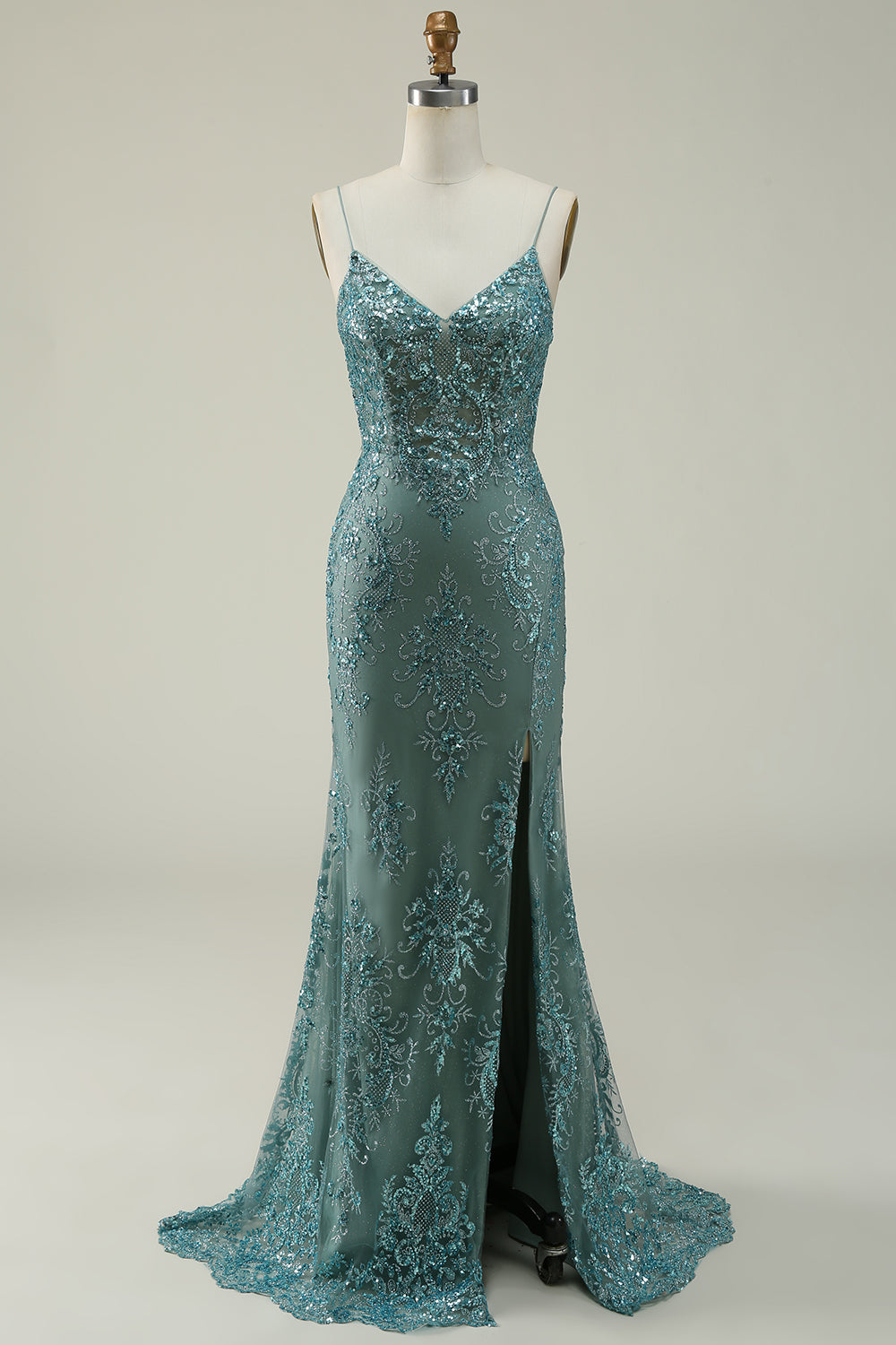 Sparkly Spaghetti Straps Sequins Green Long Prom Dress with Slit