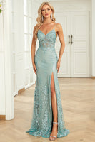 Load image into Gallery viewer, Spaghetti Straps Sparkly Sequins Green Long Prom Dress with Slit