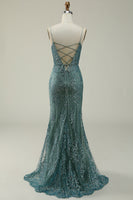 Load image into Gallery viewer, Sparkly Spaghetti Straps Sequins Green Long Prom Dress with Slit