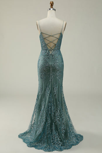 Sparkly Spaghetti Straps Sequins Green Long Prom Dress with Slit