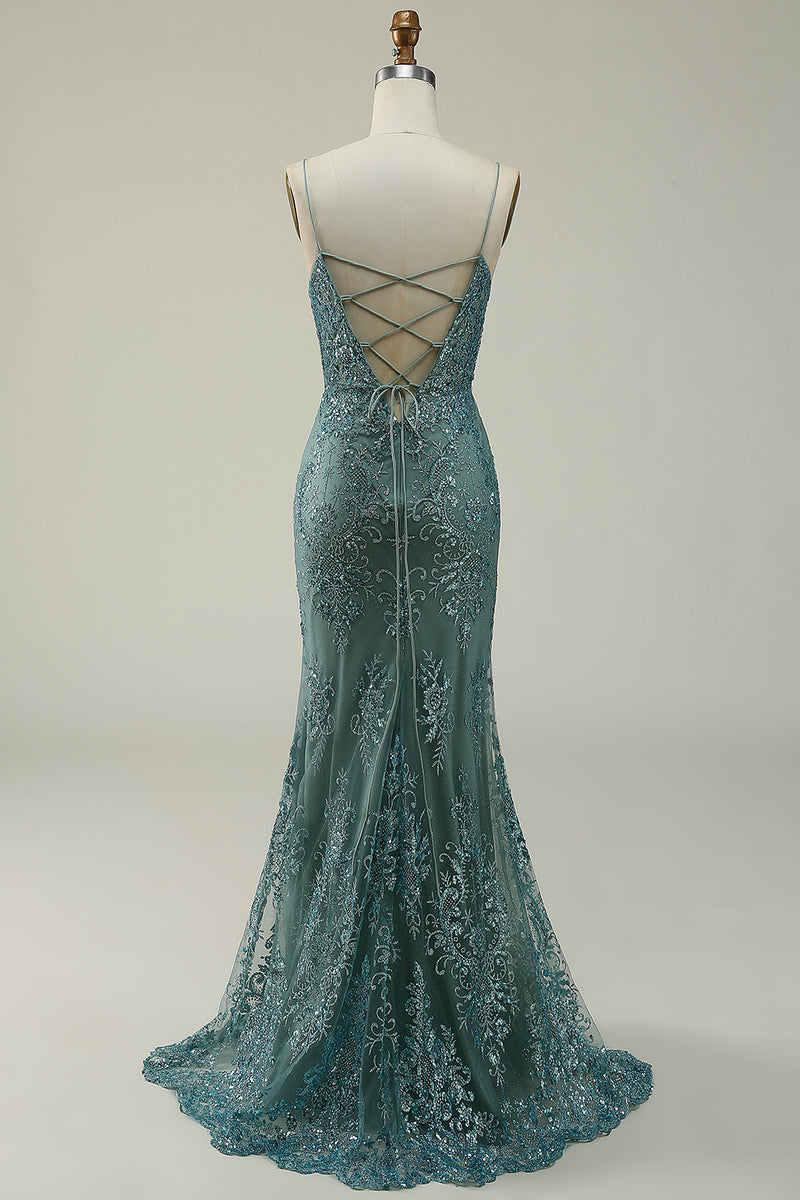 Load image into Gallery viewer, Sparkly Spaghetti Straps Sequins Green Long Prom Dress with Slit