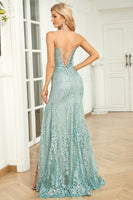 Load image into Gallery viewer, Spaghetti Straps Sparkly Sequins Green Long Prom Dress with Slit