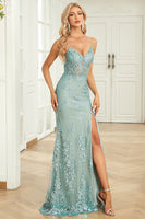 Load image into Gallery viewer, Spaghetti Straps Sparkly Sequins Green Long Prom Dress with Slit