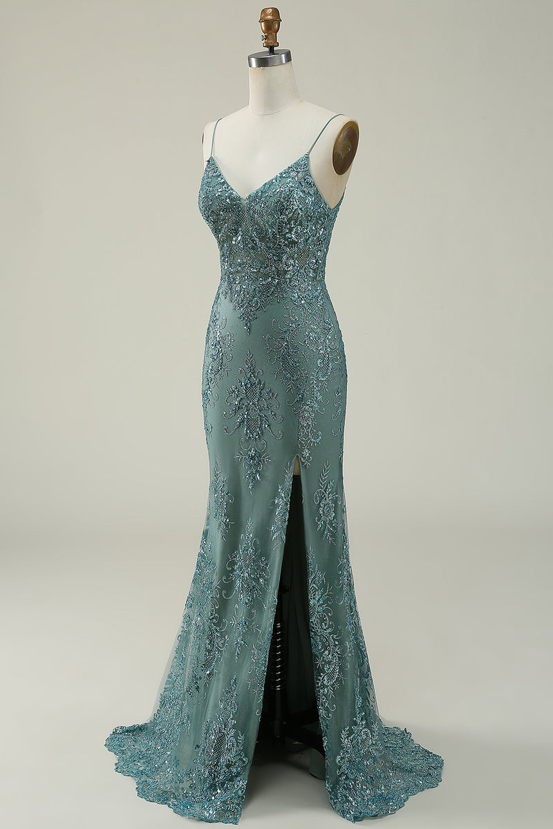 Load image into Gallery viewer, Sparkly Spaghetti Straps Sequins Green Long Prom Dress with Slit