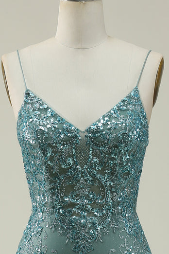 Sparkly Spaghetti Straps Sequins Green Long Prom Dress with Slit