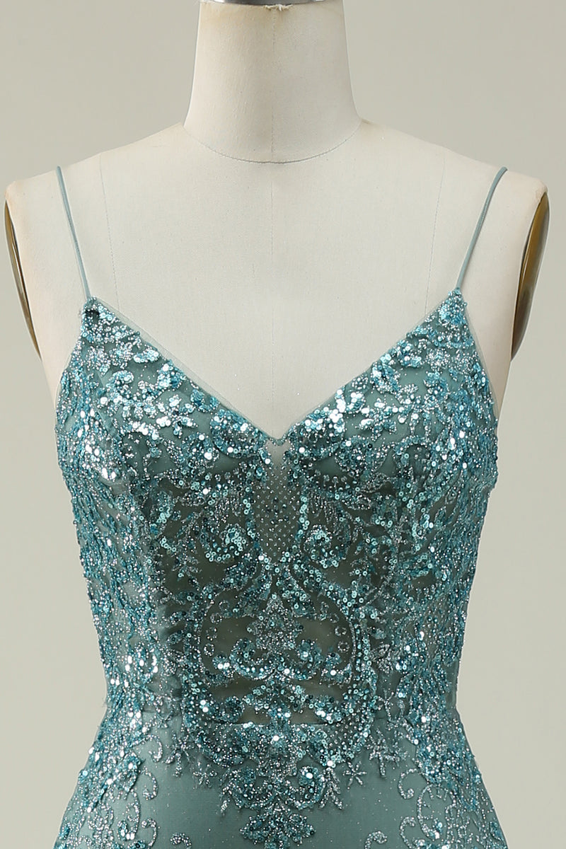 Load image into Gallery viewer, Sparkly Spaghetti Straps Sequins Green Long Prom Dress with Slit