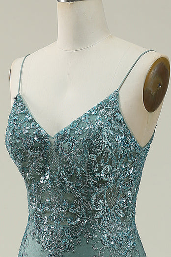 Sparkly Spaghetti Straps Sequins Green Long Prom Dress with Slit