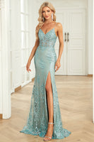 Load image into Gallery viewer, Spaghetti Straps Sparkly Sequins Green Long Prom Dress with Slit