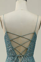 Load image into Gallery viewer, Sparkly Spaghetti Straps Sequins Green Long Prom Dress with Slit