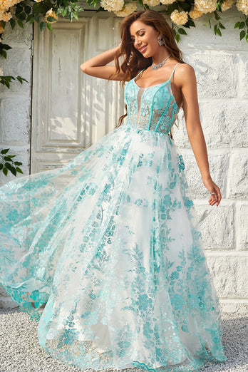 Tulle Spaghetti Straps Green Corset Prom Dress