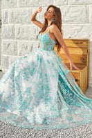 Load image into Gallery viewer, Tulle Spaghetti Straps Green Corset Prom Dress