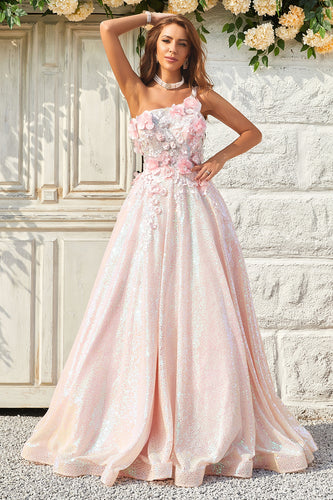 One Shoulder Sparkly Blush Ball Gown Dress with Appliques