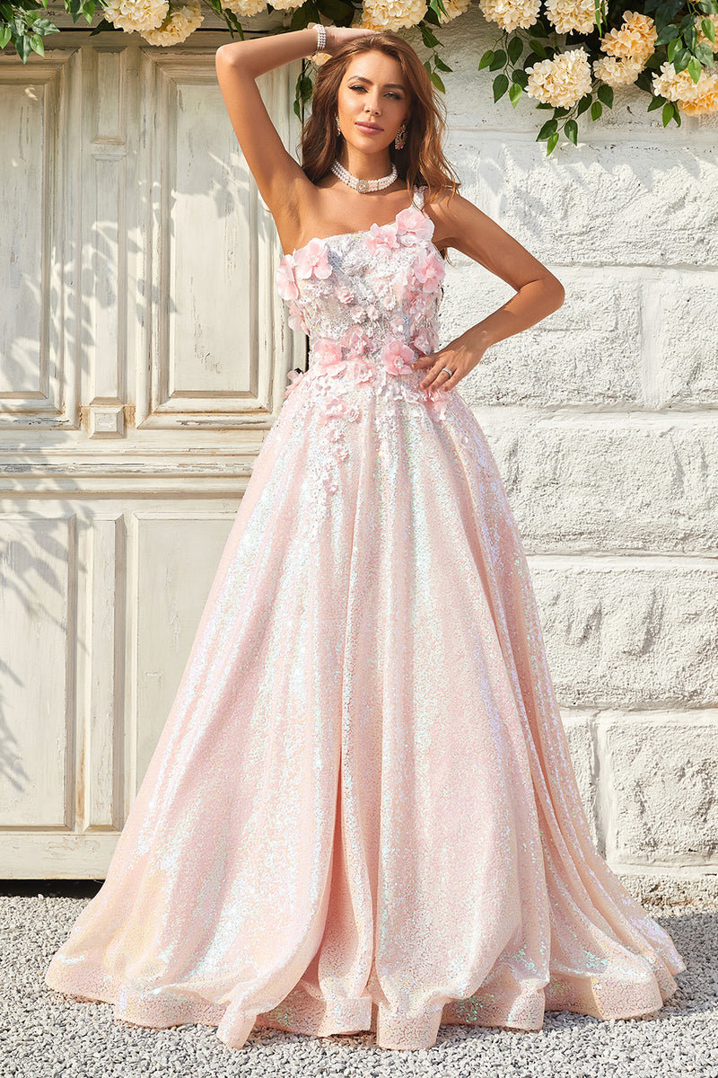 Load image into Gallery viewer, One Shoulder Sparkly Blush Ball Gown Dress with Appliques