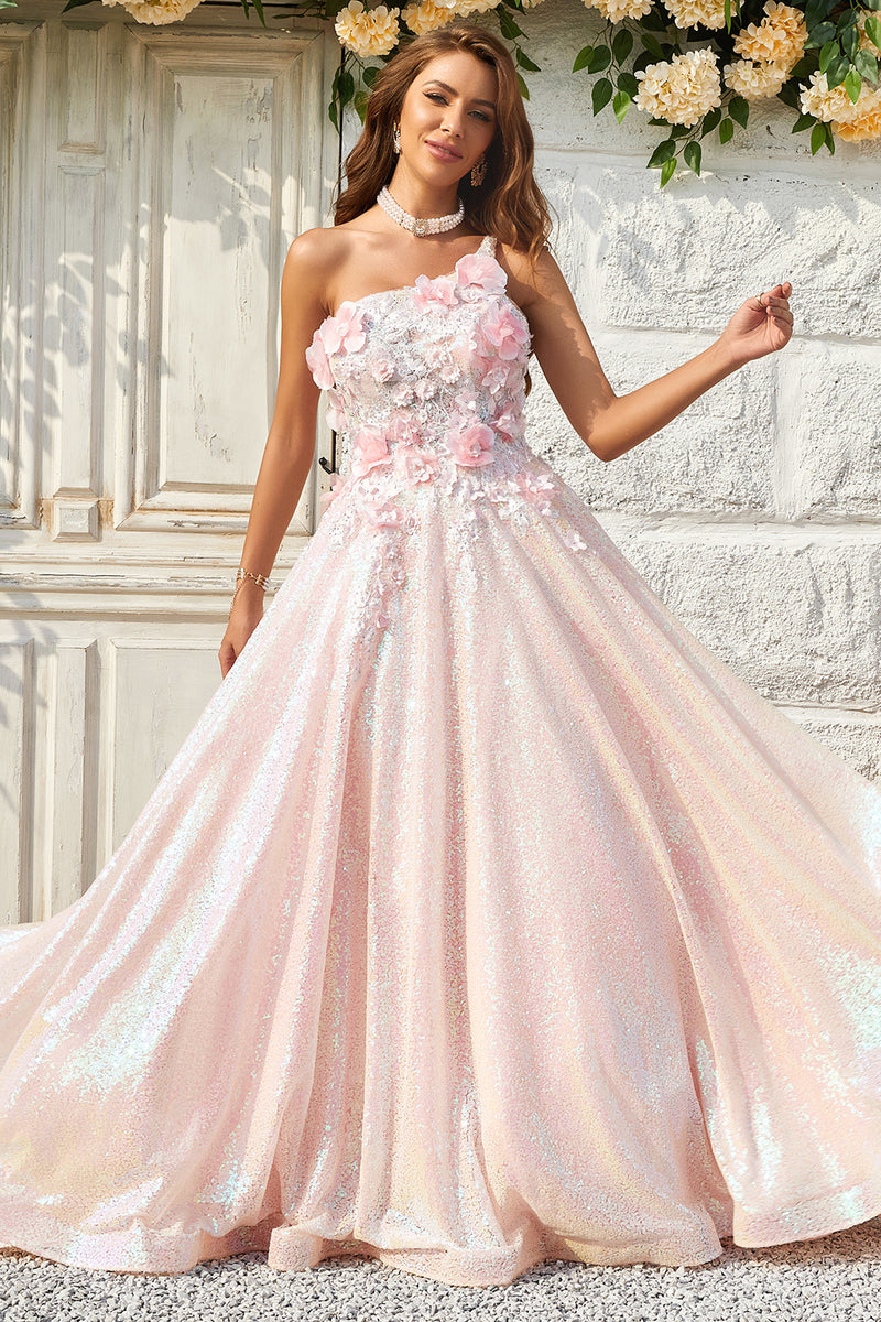 Load image into Gallery viewer, One Shoulder Sparkly Blush Ball Gown Dress with Appliques
