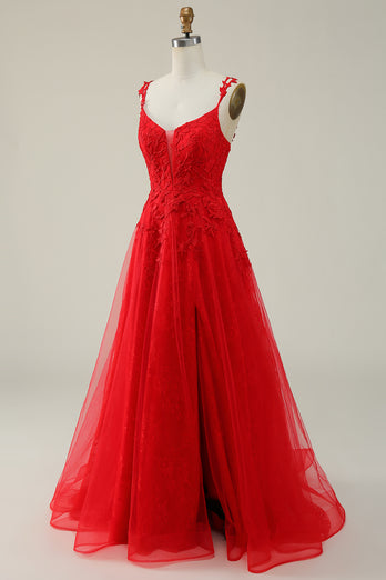 Tulle Spaghetti Straps Red Ball Gown Dress with Appliques