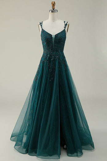 Tulle Spaghetti Straps Dark Green Ball Gown Dress with Appliques