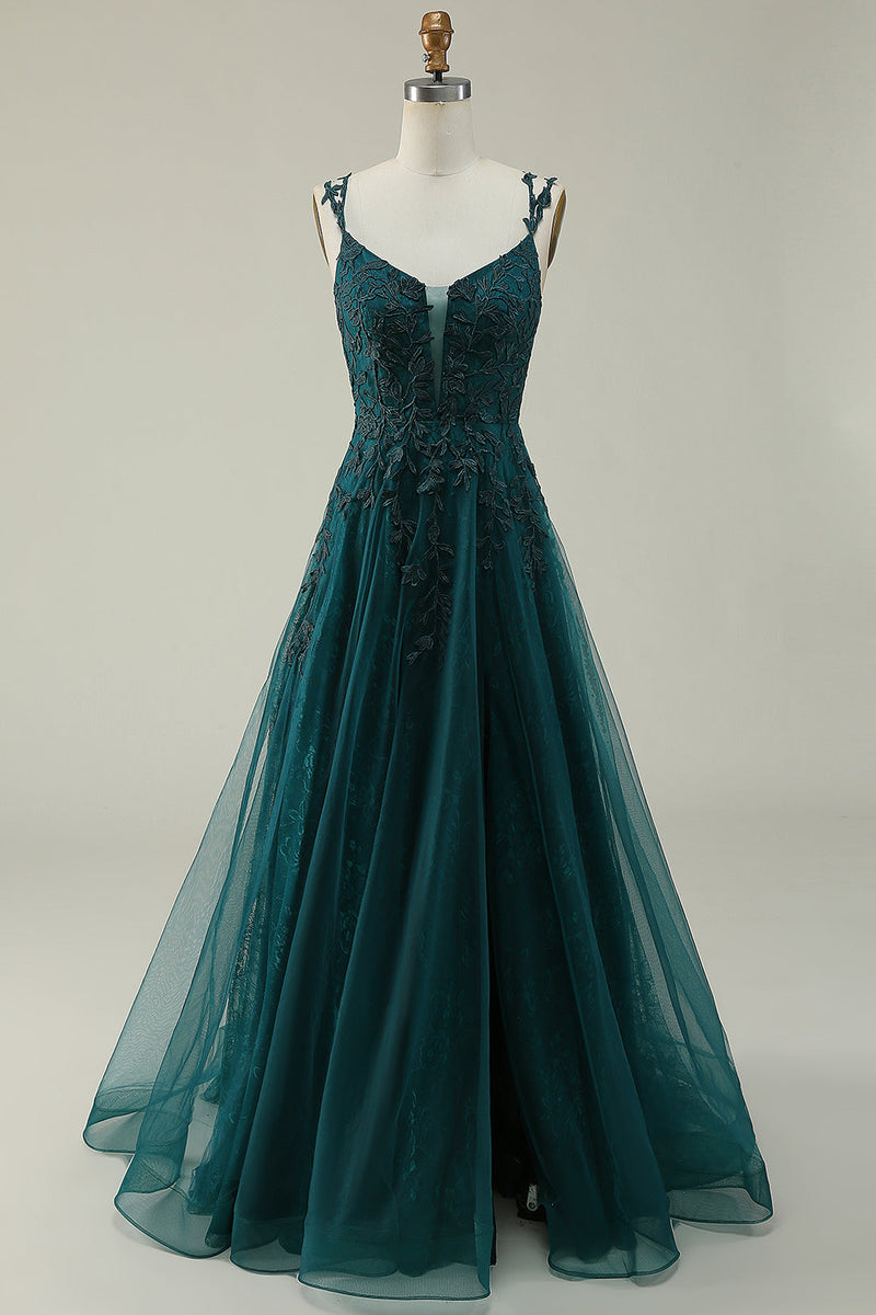 Load image into Gallery viewer, Tulle Spaghetti Straps Dark Green Ball Gown Dress with Appliques