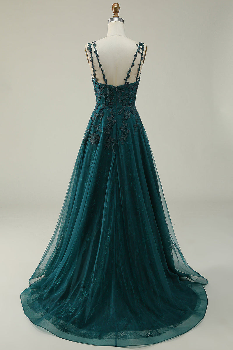 Load image into Gallery viewer, Tulle Spaghetti Straps Dark Green Ball Gown Dress with Appliques