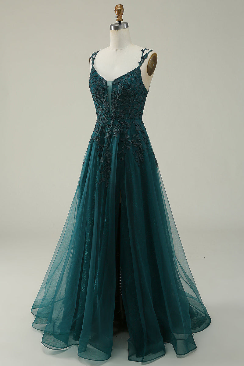 Load image into Gallery viewer, Tulle Spaghetti Straps Dark Green Ball Gown Dress with Appliques