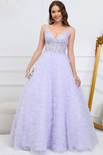 V-Neck Lace-Up Back Purple Ball Gown Dress with Beading