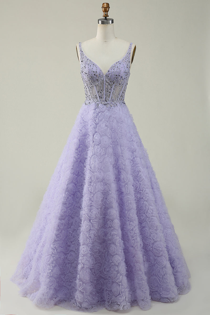 Load image into Gallery viewer, V-Neck Purple Ball Gown Dress with Beading