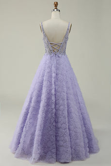 V-Neck Purple Ball Gown Dress with Beading