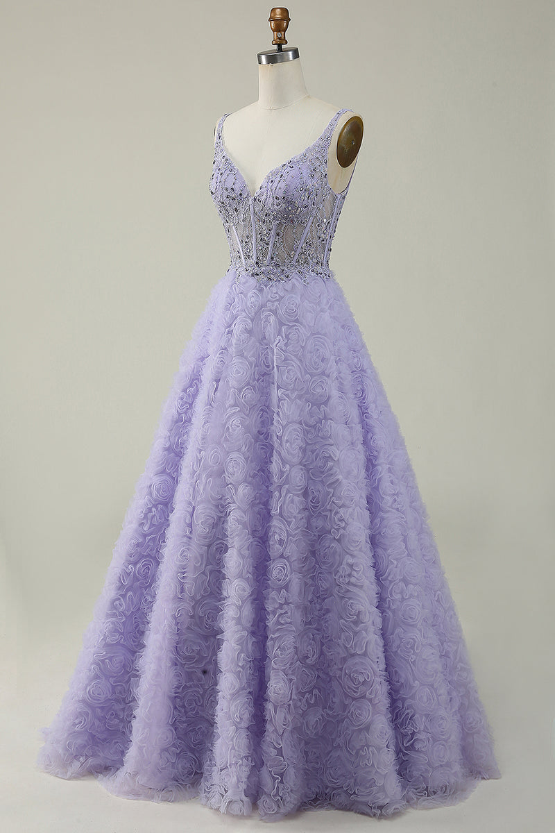 Load image into Gallery viewer, V-Neck Purple Ball Gown Dress with Beading