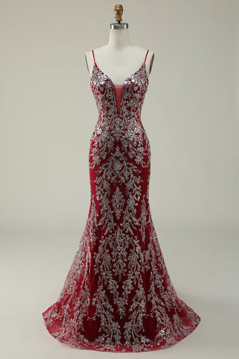 Sparkly Spaghetti Straps Mermaid Burgundy Long Prom Dress with Bronzing