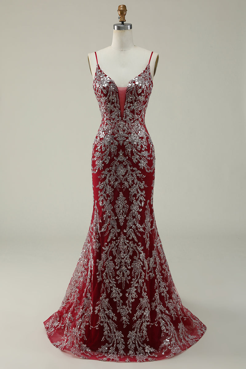 Load image into Gallery viewer, Mermaid Spaghetti Straps Sequins Burgundy Long Prom Dress with Bronzing
