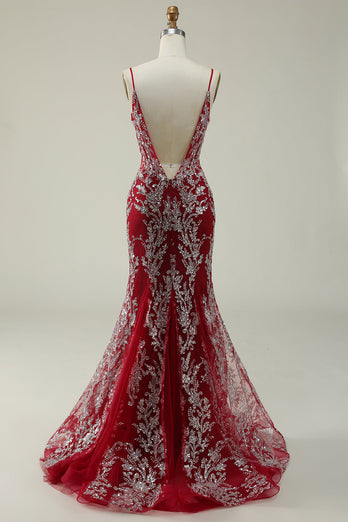 Sparkly Spaghetti Straps Mermaid Burgundy Long Prom Dress with Bronzing