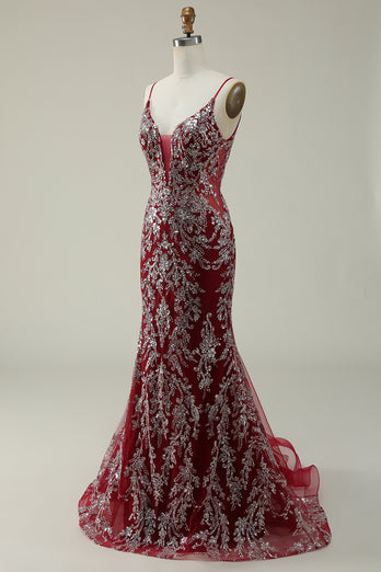 Mermaid Spaghetti Straps Sequins Burgundy Long Prom Dress with Bronzing