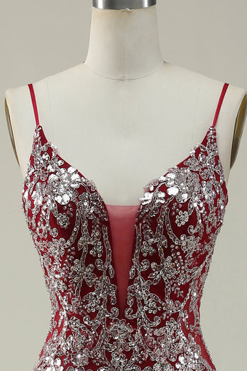 Mermaid Spaghetti Straps Sequins Burgundy Long Prom Dress with Bronzing