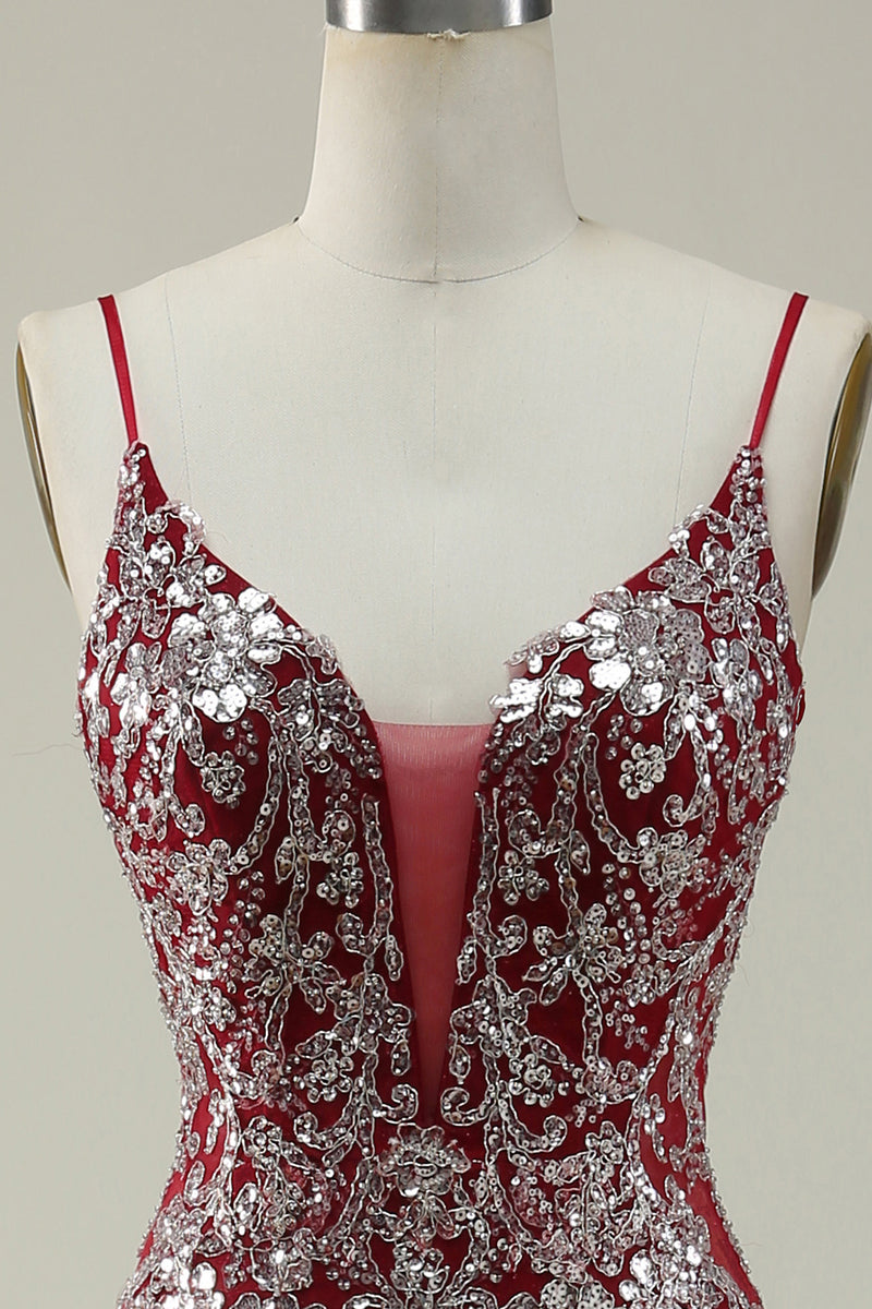 Load image into Gallery viewer, Mermaid Spaghetti Straps Sequins Burgundy Long Prom Dress with Bronzing