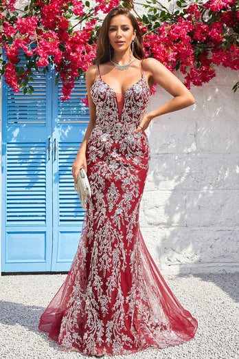 Sparkly Spaghetti Straps Mermaid Burgundy Long Prom Dress with Bronzing