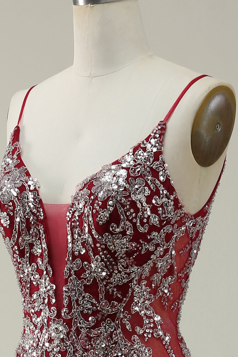 Load image into Gallery viewer, Mermaid Spaghetti Straps Sequins Burgundy Long Prom Dress with Bronzing