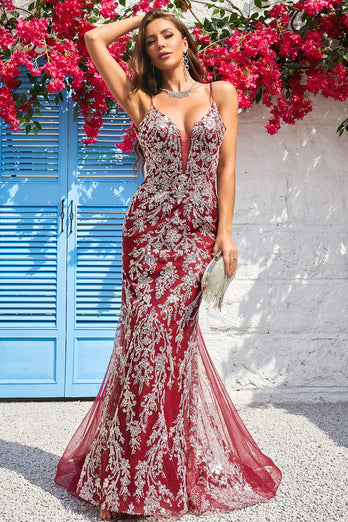 Sparkly Spaghetti Straps Mermaid Burgundy Long Prom Dress with Bronzing