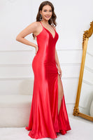 Load image into Gallery viewer, Mermaid Backless Red Long Prom Dress with Slit