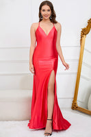 Load image into Gallery viewer, Mermaid Backless Red Long Prom Dress with Slit