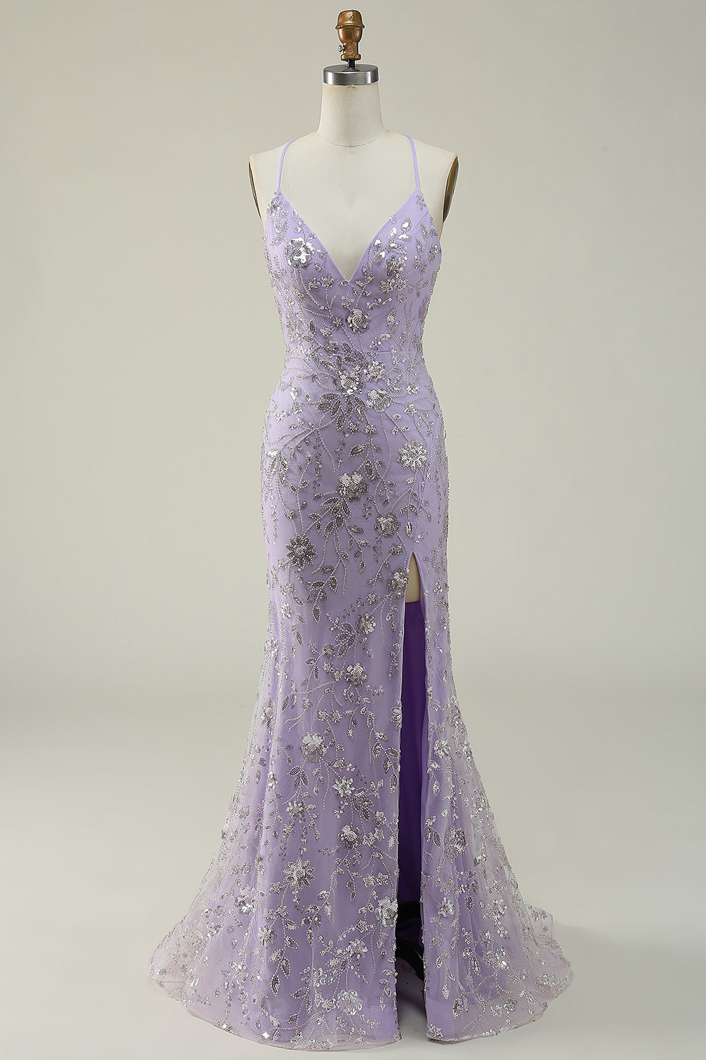 Sparkly Mermaid V-Neck Sequins Purple Long Prom Dress with Slit