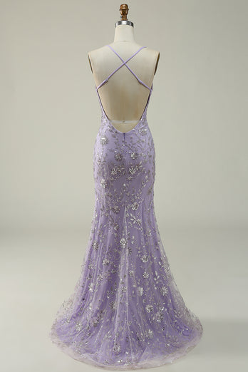 Sparkly Mermaid V-Neck Sequins Purple Long Prom Dress with Slit