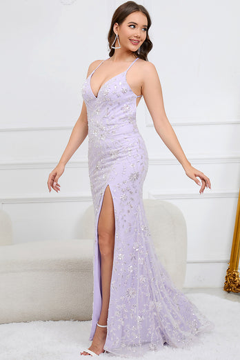 V-Neck Sparkly Mermaid Sequins Purple Long Prom Dress with Slit