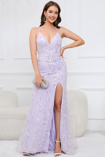 V-Neck Sparkly Mermaid Sequins Purple Long Prom Dress with Slit